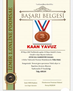 OKULUMUZ ÖĞRENCİLERİNDEN KAAN YAVUZ, 28 MAYIS 2020 TARİHLERİNDE YAPILAN 19 MAYIS ATATÜRK'Ü ANMA, GENÇLİK VE SPOR BAYRAMI KUTLAMASI 1.ONLİNE TAEKWONDO POOMSAE MÜSABAKASINDA (YILDIZ ERKEK) KATEGORİSİNDE DERECEYE GİREN ÖĞRENCİMİZİ TEBRİK EDİYOR BAŞARILARININ DEVAMINI DİLERİZ.