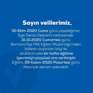 31.10.2020 CUMARTESİ GÜNÜ MİLLİ EĞİTİM MÜDÜRLÜĞÜNDEN BİZLERE ULAŞTIRILAN BİLGİ NETİCESİNDE OKULLARIMIZDA BİR HAFTA EĞİTİME ARA VERİLMİŞTİR.